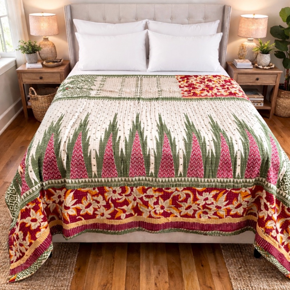 Handmade Reversible Queen King Blanket Quilt 80”X96” Kantha Indian